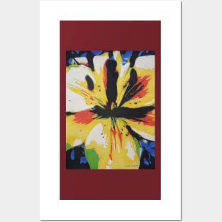 abstract painting of yellow, red and black flower Posters and Art